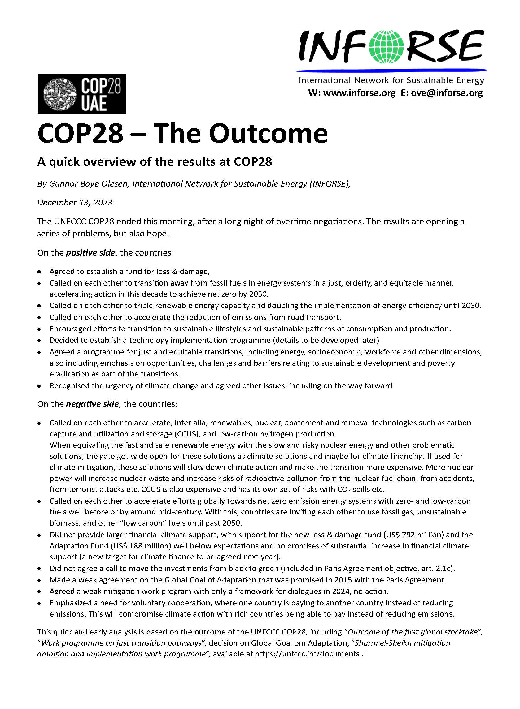 COP28 The Outcome Analysis by INFORS